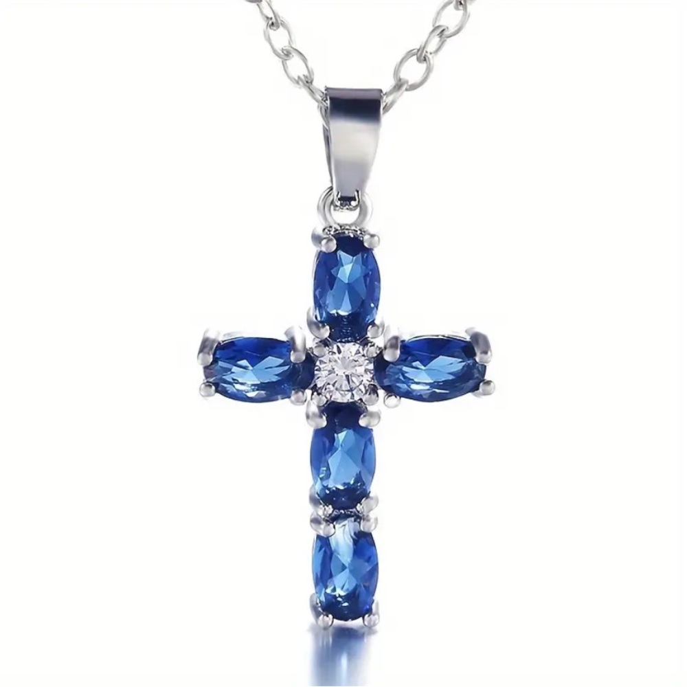 Blue & Silver Cross Pendant Necklace - Picture 9 of 9